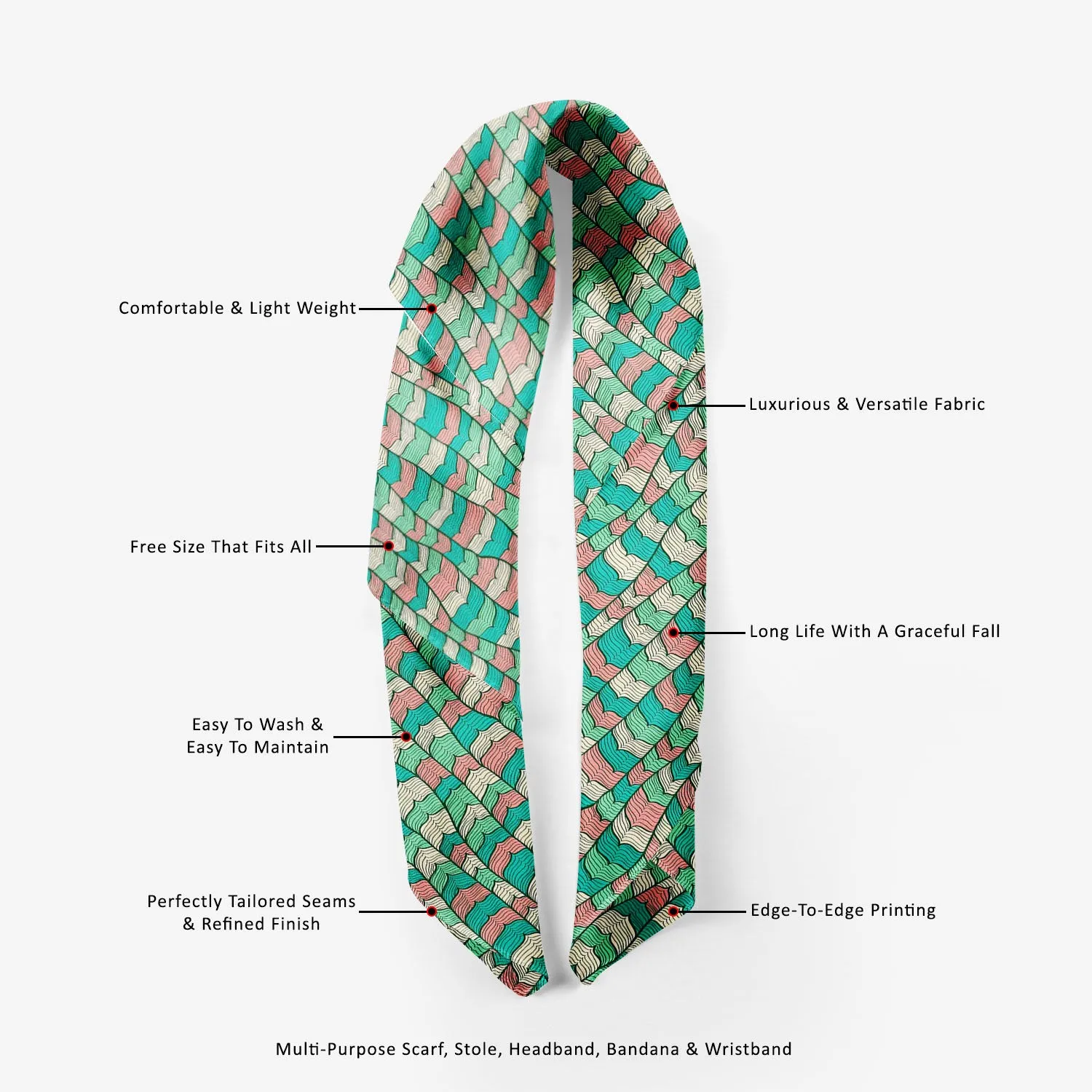Abstract Waves Printed Scarf | Neckwear Balaclava | Girls & Women | Soft Poly Fabric