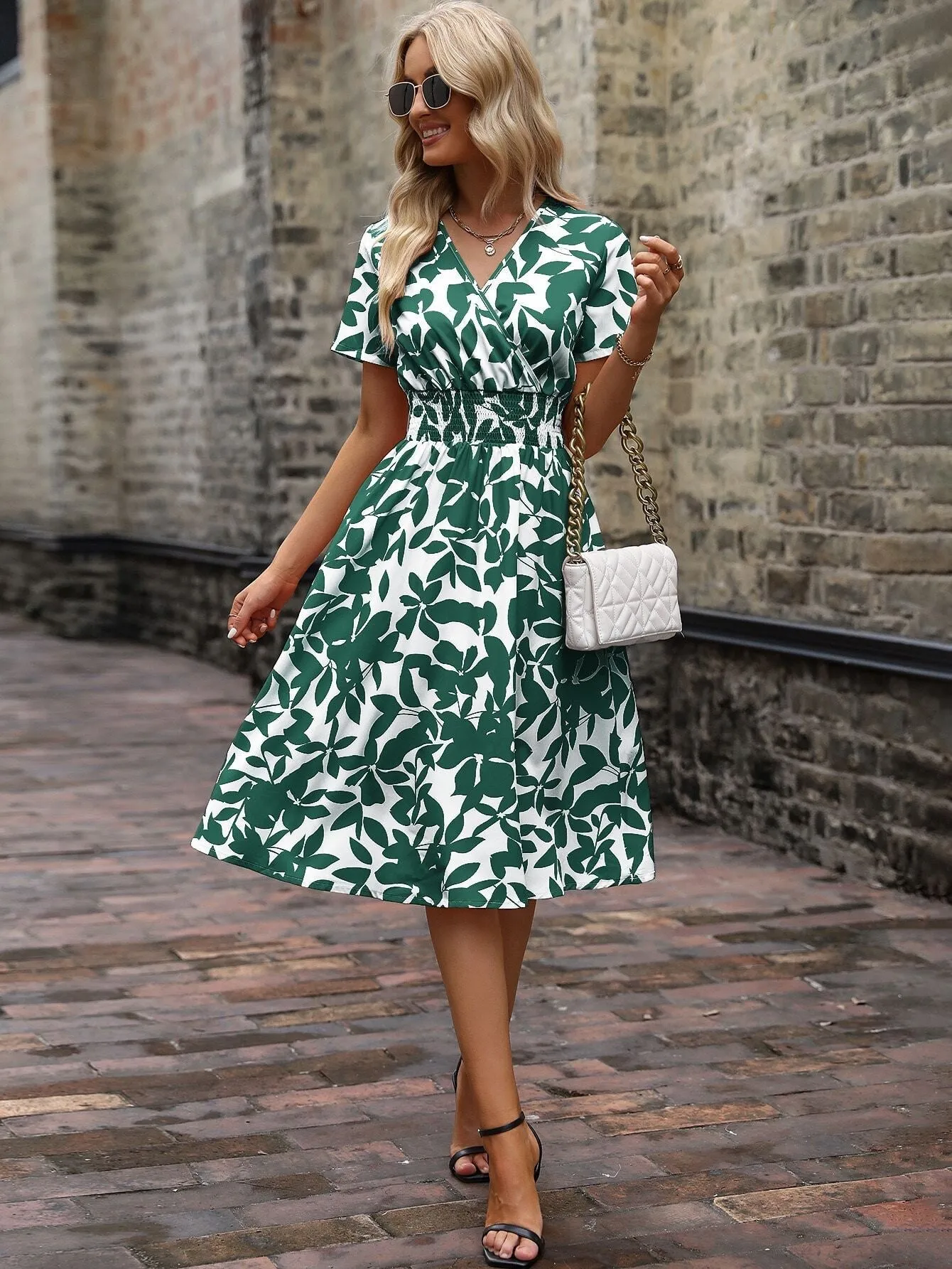 AlloverPlants Print Shirred Detail V-Neck Dress