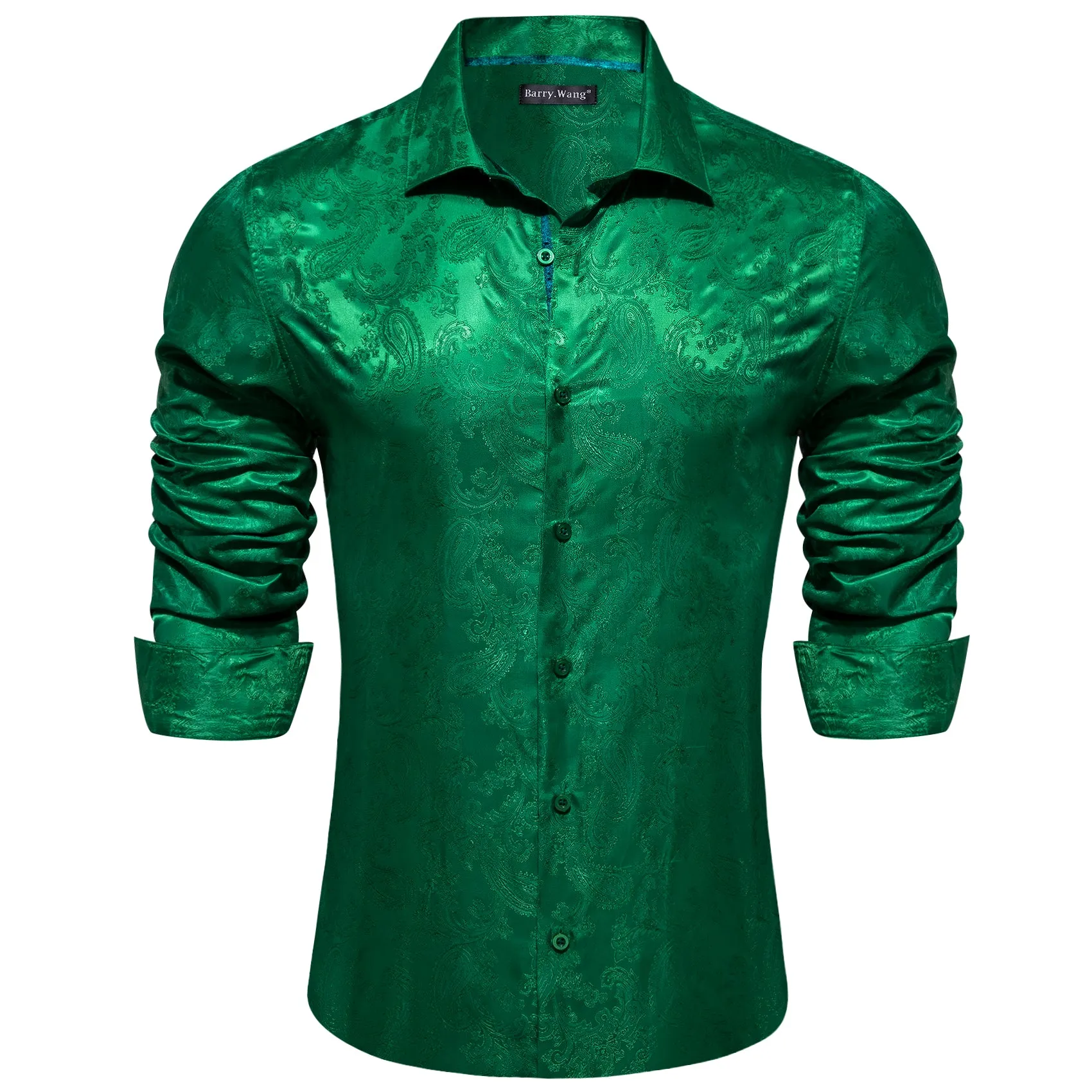 Barry Wang Button Down Long Sleeve Grass Green Paisley Silk Mens Shirt