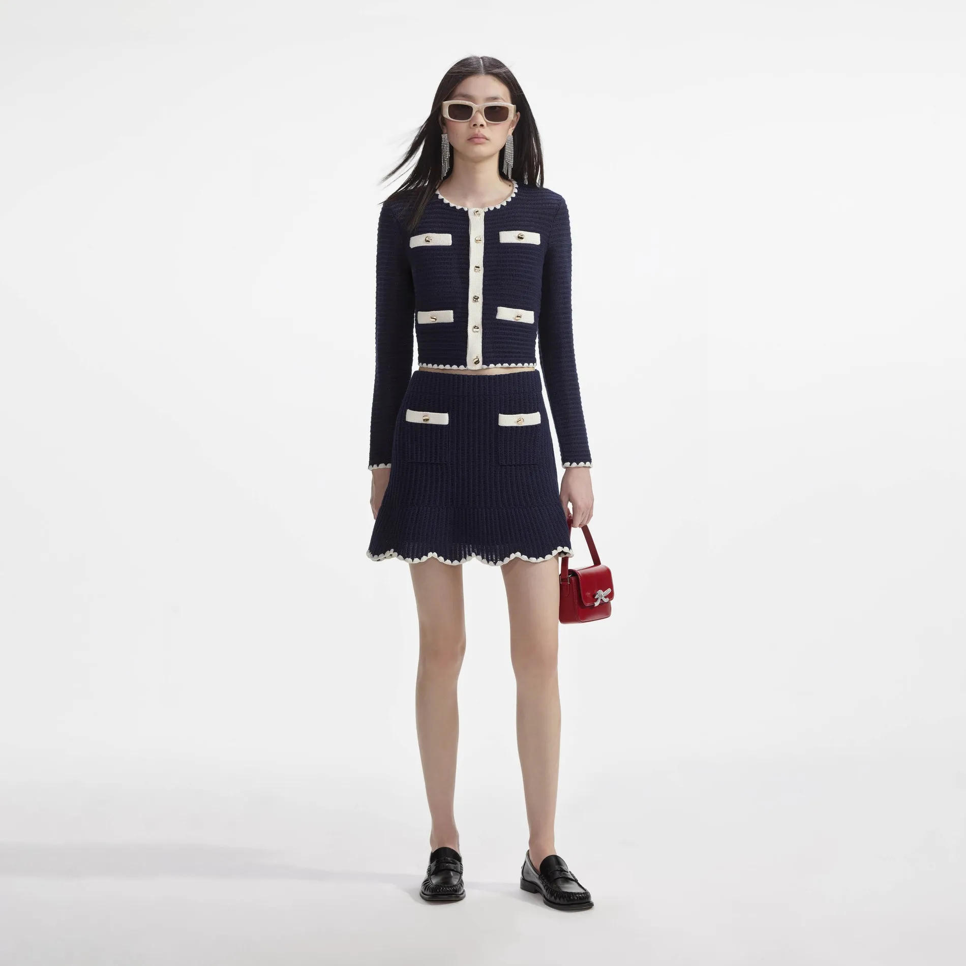 Crochet Contrast Trim Cardigan - Navy