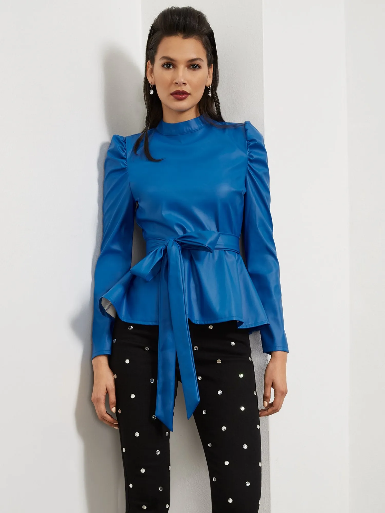 Faux-Leather Belted Puff-Sleeve Top