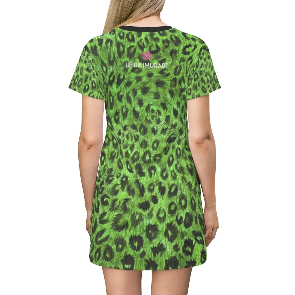 Green Leopard Print T-Shirt Dress, Leopard Animal Print Crewneck Dress For Ladies - Made in USA