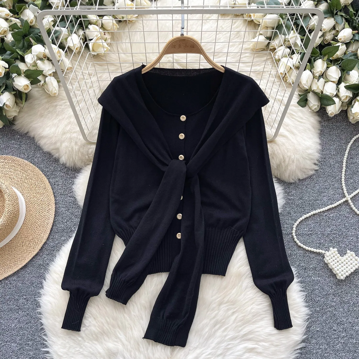 Lace-up Cape&Cardigan Knitted 2Pcs
