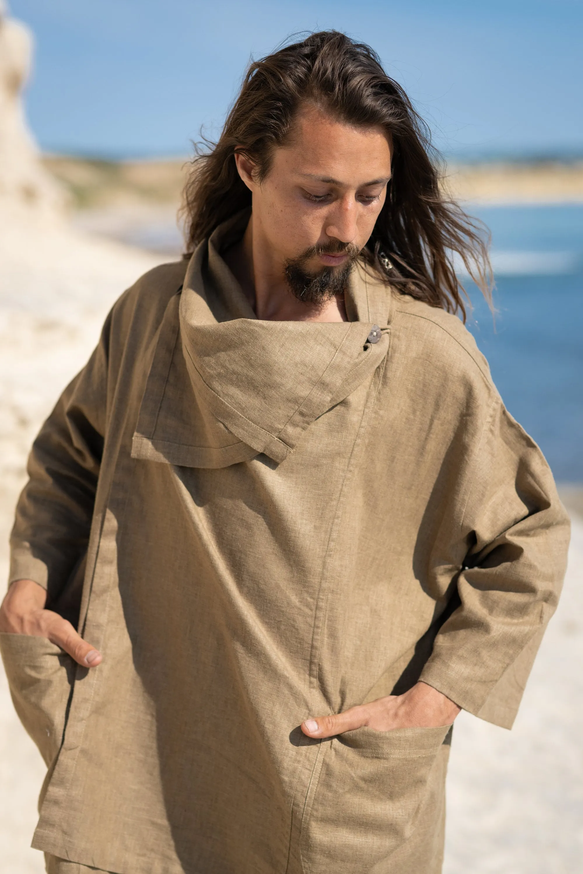 PAKEHA Olive Green Organic Hemp Top Shirt Collar Minimalist Herbal Dyed Pockets Festival Ceremony Ritual Sustainable Eco Friendly AJJAYA