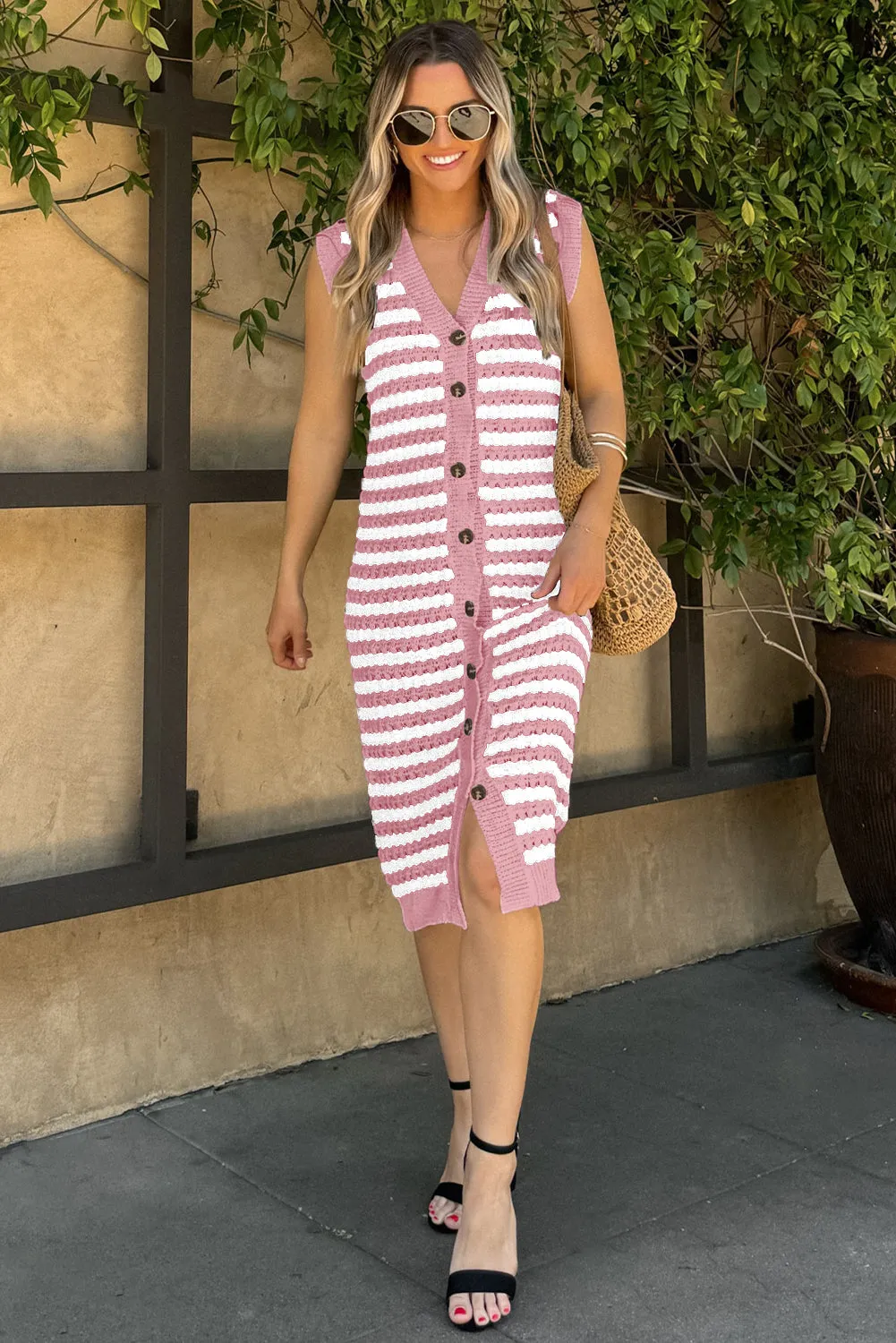 Pink Buttoned Front Sleeveless Pencil Midi Sweater Dress