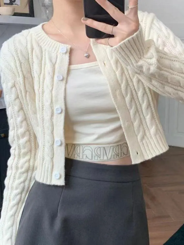 Wenkouban-Spring Casual Outfits Y2K Outfits Solid Short Cable Knit Cardigan