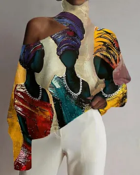Women's Black Oil Painting Color Matching Geometric Print Off-shoulder Top