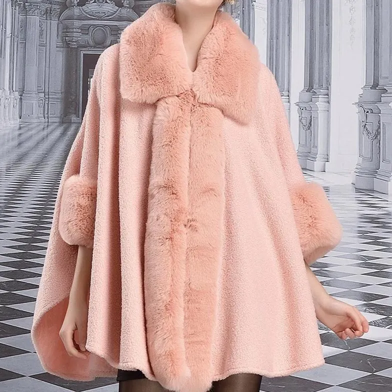 Women's Winter Warm Poncho With Faux Rabbit Fur