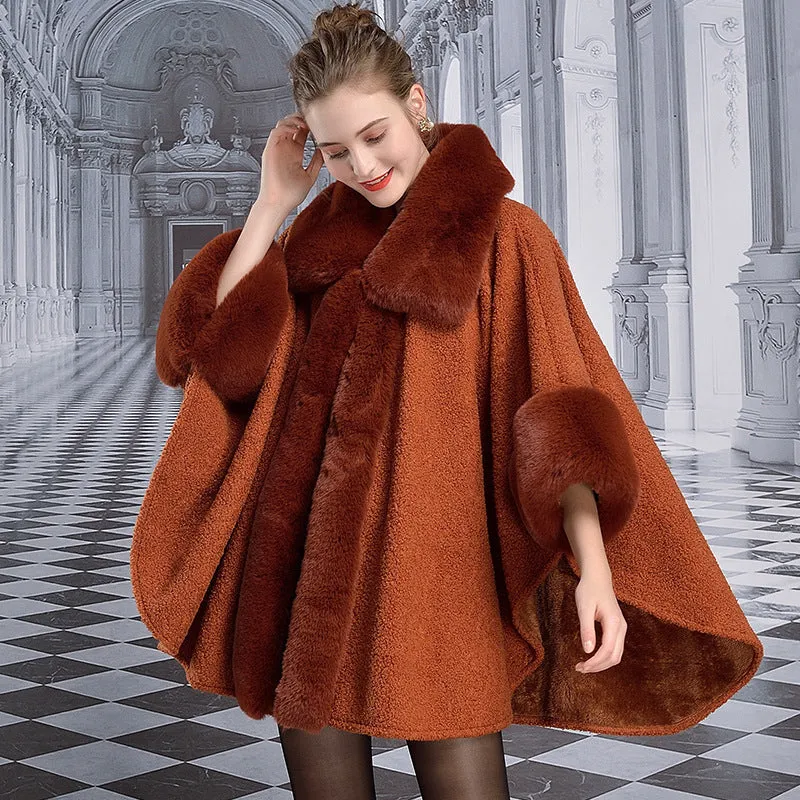Women's Winter Warm Poncho With Faux Rabbit Fur